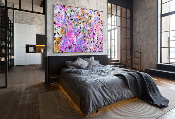 Images show the painting in different lounge rooms.