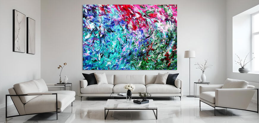 Images show the painting in different lounge rooms