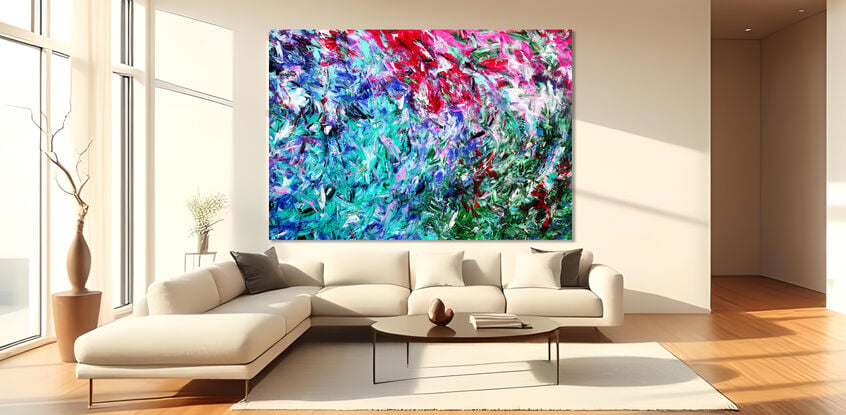 Images show the painting in different lounge rooms