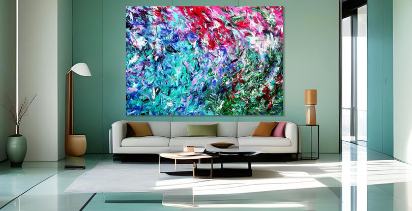 Images show the painting in different lounge rooms