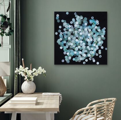 Abstract painting with dots and organic forms reminiscent of science, the sea or underwater. Colourful with many layers of colour and floating forms. Photographic lights ,like bokeh. A unique mixing of original abstract art with microbiology and science. Cellular art. Jelly fish forms. Blue and White and some pale pink and pastel hues. Calming and peaceful.