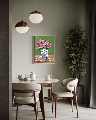 . The vase itself features a picturesque landscape of a Dutch windmill by a lakeside. Accompanying the scene is a cup of English milk tea and a delicious Lamington cake on a ceramic plate. The artwork conveys a sense of warmth and comfort, blending both Dutch and English elements seamlessly. 