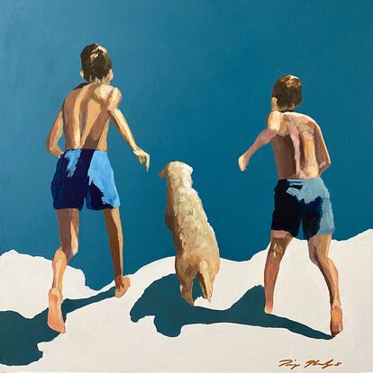 Two boys and a dog on a white cliff with turquoise background