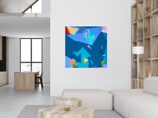 An abstract painting of colourful shapes.