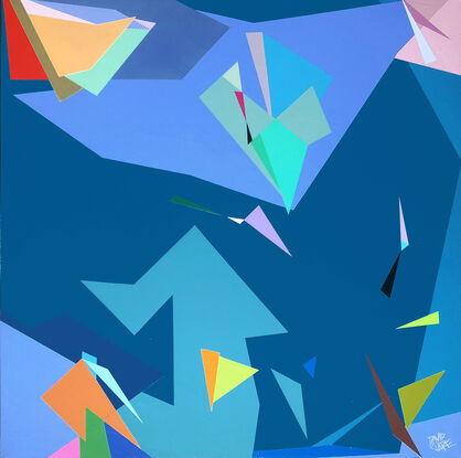 An abstract painting of colourful shapes.