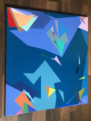 An abstract painting of colourful shapes.