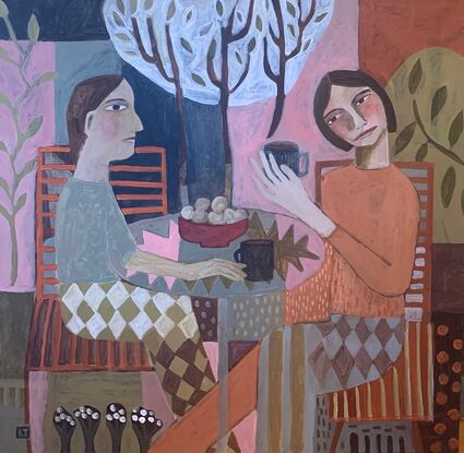 The painting depicts two women sitting at a table in the garden. There are a variety of colours and patterns.