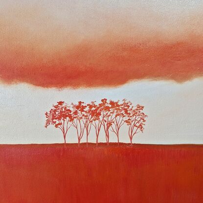 Oil painting, landscape, Australiana, trees, large statement art, red earth, clouds in soft mauves and apricots,  Lucinda Leveille, original art, australian landscape