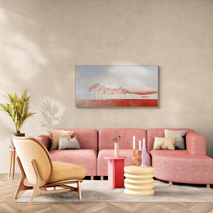 Oil painting, landscape, Australiana, trees, large statement art, red earth, clouds in soft mauves and apricots,  Lucinda Leveille, original art, australian landscape