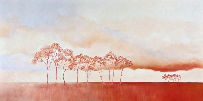 Oil painting, landscape, Australiana, trees, large statement art, red earth, clouds in soft mauves and apricots,  Lucinda Leveille, original art, australian landscape