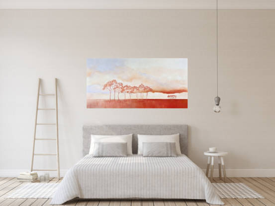 Oil painting, landscape, Australiana, trees, large statement art, red earth, clouds in soft mauves and apricots,  Lucinda Leveille, original art, australian landscape