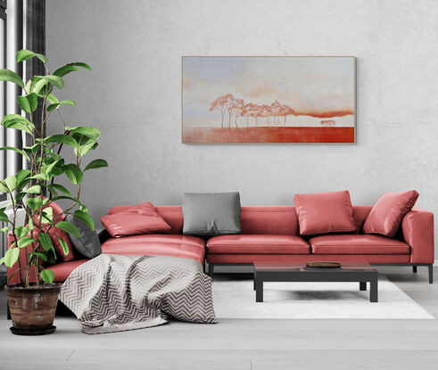 Oil painting, landscape, Australiana, trees, large statement art, red earth, clouds in soft mauves and apricots,  Lucinda Leveille, original art, australian landscape