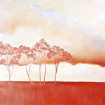 Oil painting, landscape, Australiana, trees, large statement art, red earth, clouds in soft mauves and apricots,  Lucinda Leveille, original art, australian landscape