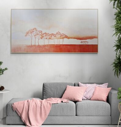 Oil painting, landscape, Australiana, trees, large statement art, red earth, clouds in soft mauves and apricots,  Lucinda Leveille, original art, australian landscape