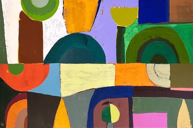 abstract of shapes loosely based on trees and flowers in a garden, using circles, semi circles, curves and arches, layers of transparent and opaque paint in greens, pinks, rust, orange and blues and mauve