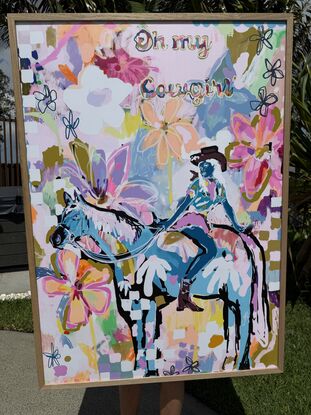 Oh my cowgirl is a bright and colourful country style print of horse and cowgirl surrounded by abstract flowers 