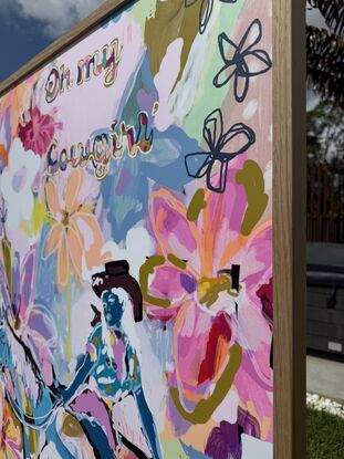 Oh my cowgirl is a bright and colourful country style print of horse and cowgirl surrounded by abstract flowers 