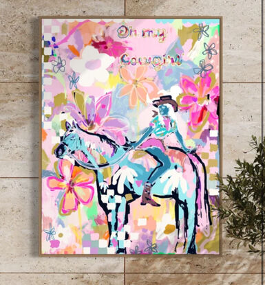 Oh my cowgirl is a bright and colourful country style print of horse and cowgirl surrounded by abstract flowers 