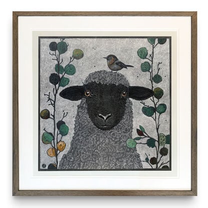 A framed mixed media drawing of a Sheep and a Little  Bird amongst eucalyptus on 360 gsm pastel paper, rendered in coloured pencil and oil pastel