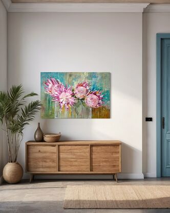 A large piece with four large king protea blooms painted in contemporary pink and orange colours with drips and white ink line work. There is a hint of a large rectangular vase on a textured, layered and mostly blue background. 