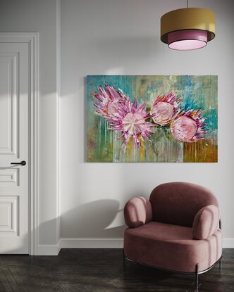 A large piece with four large king protea blooms painted in contemporary pink and orange colours with drips and white ink line work. There is a hint of a large rectangular vase on a textured, layered and mostly blue background. 