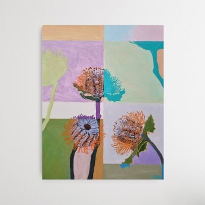 Orange banksia flowers on a patchwork style background of different colours including greens, mauve and burnt yellow. The flowers are executed in a realist style. 