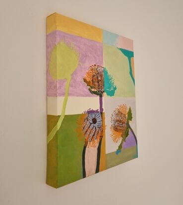 Orange banksia flowers on a patchwork style background of different colours including greens, mauve and burnt yellow. The flowers are executed in a realist style. 