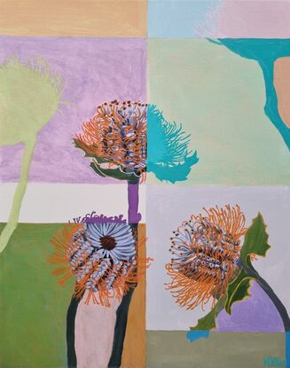 Orange banksia flowers on a patchwork style background of different colours including greens, mauve and burnt yellow. The flowers are executed in a realist style. 