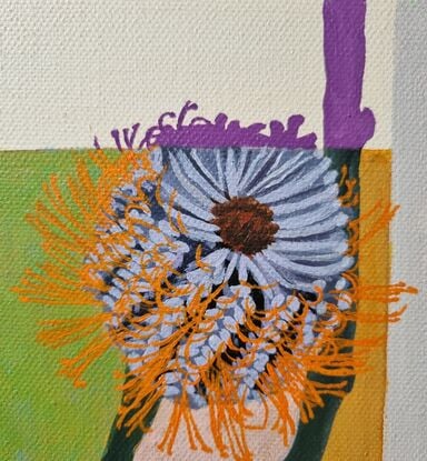 Orange banksia flowers on a patchwork style background of different colours including greens, mauve and burnt yellow. The flowers are executed in a realist style. 