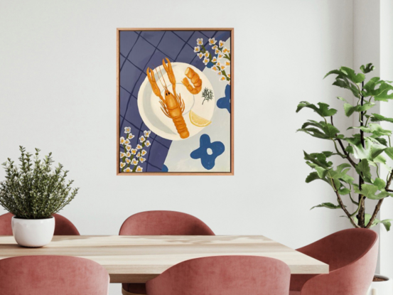 A tablescape with lagoustine crayfish and a bunch of daisies.