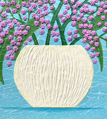 Textured pink impasto wattle flowers in a yellow vase with a sky blue background textured abstract 