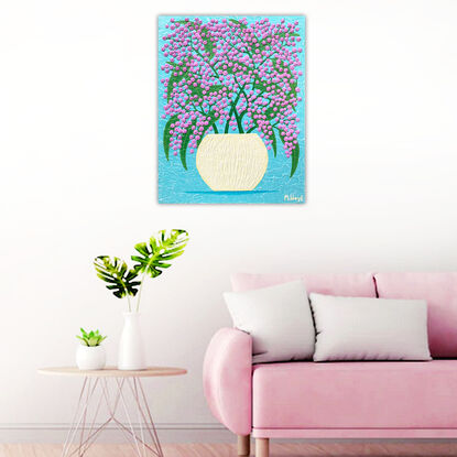 Textured pink impasto wattle flowers in a yellow vase with a sky blue background textured abstract 