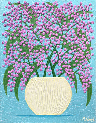 Textured pink impasto wattle flowers in a yellow vase with a sky blue background textured abstract 