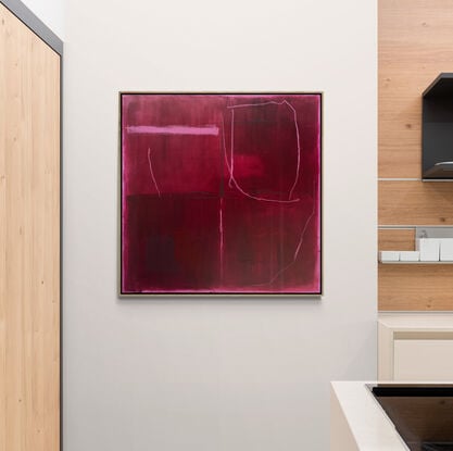 An abstract mixed media painting, created with acrylic and oil pastel detail, layered in translucent glazed washes of deep saturated scarlet and rose madder pigment on canvas. This painting features deep red tones laid down in washes across the canvas, creating a rich and bold background. Thin, soft pink lines weave through the piece, dividing the space and adding a delicate contrast to the heavier red sections. The pink marks seem spontaneous, breaking up the otherwise calm and structured feel of the composition. The overall effect is one of balance between strong, solid color and lighter, more playful lines, giving the painting both intensity and softness. The simple yet dynamic design invites the viewer to explore the contrast between order and movement.