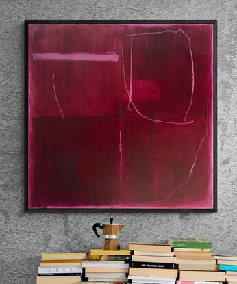 An abstract mixed media painting, created with acrylic and oil pastel detail, layered in translucent glazed washes of deep saturated scarlet and rose madder pigment on canvas. This painting features deep red tones laid down in washes across the canvas, creating a rich and bold background. Thin, soft pink lines weave through the piece, dividing the space and adding a delicate contrast to the heavier red sections. The pink marks seem spontaneous, breaking up the otherwise calm and structured feel of the composition. The overall effect is one of balance between strong, solid color and lighter, more playful lines, giving the painting both intensity and softness. The simple yet dynamic design invites the viewer to explore the contrast between order and movement.