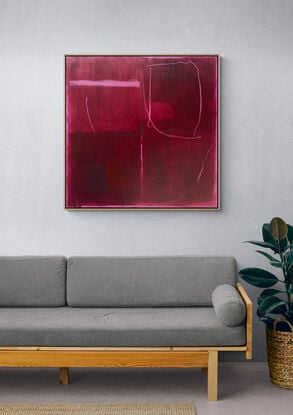 An abstract mixed media painting, created with acrylic and oil pastel detail, layered in translucent glazed washes of deep saturated scarlet and rose madder pigment on canvas. This painting features deep red tones laid down in washes across the canvas, creating a rich and bold background. Thin, soft pink lines weave through the piece, dividing the space and adding a delicate contrast to the heavier red sections. The pink marks seem spontaneous, breaking up the otherwise calm and structured feel of the composition. The overall effect is one of balance between strong, solid color and lighter, more playful lines, giving the painting both intensity and softness. The simple yet dynamic design invites the viewer to explore the contrast between order and movement.