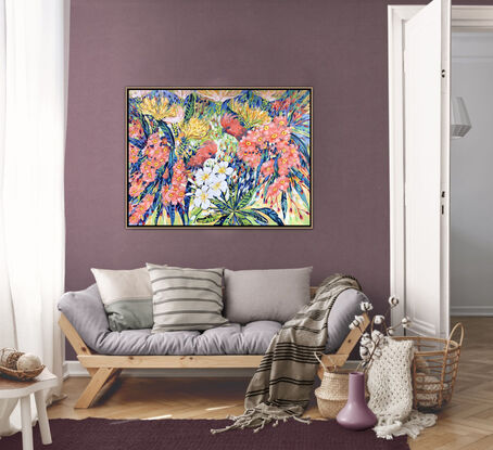 "Floral Fiesta" – Galah Pink Cockatoos, Pink Flowering Bloodwood, White Frangipani – the original acrylic painting by Irina Redine. 