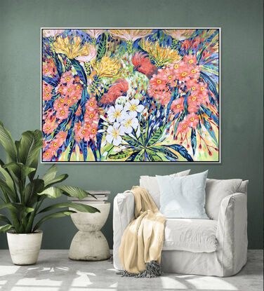 "Floral Fiesta" – Galah Pink Cockatoos, Pink Flowering Bloodwood, White Frangipani – the original acrylic painting by Irina Redine. 