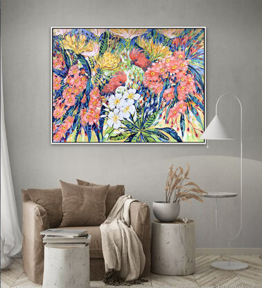 "Floral Fiesta" – Galah Pink Cockatoos, Pink Flowering Bloodwood, White Frangipani – the original acrylic painting by Irina Redine. 