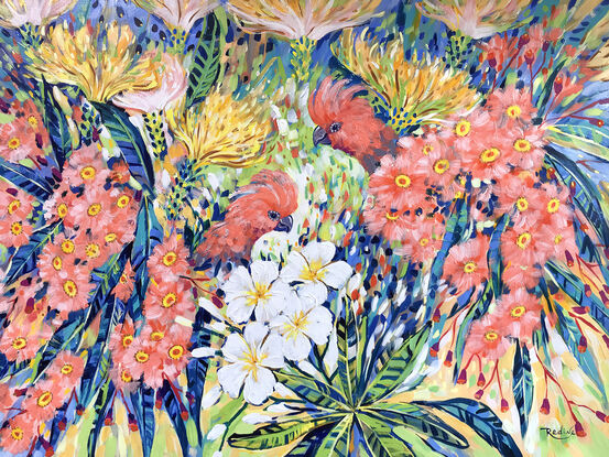 "Floral Fiesta" – Galah Pink Cockatoos, Pink Flowering Bloodwood, White Frangipani – the original acrylic painting by Irina Redine. 