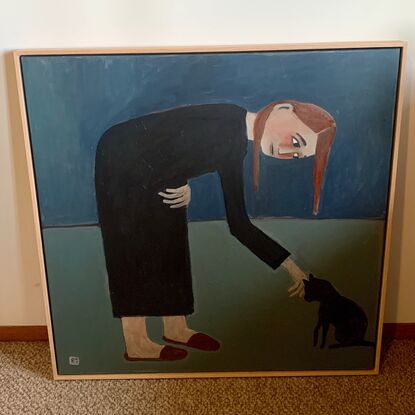 The painting depicts a woman bending over to pat a black cat. 