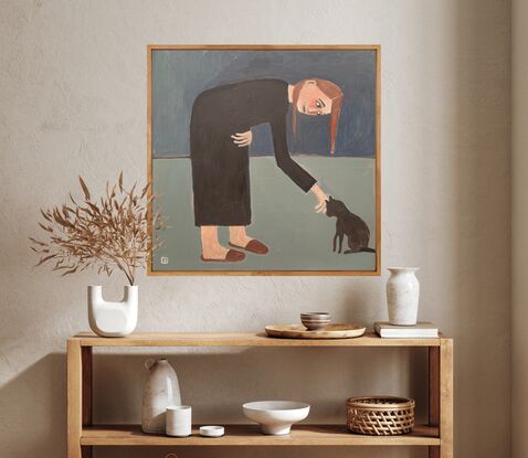 The painting depicts a woman bending over to pat a black cat. 