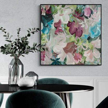 Pastel pink, green and light blue abstract flower painting