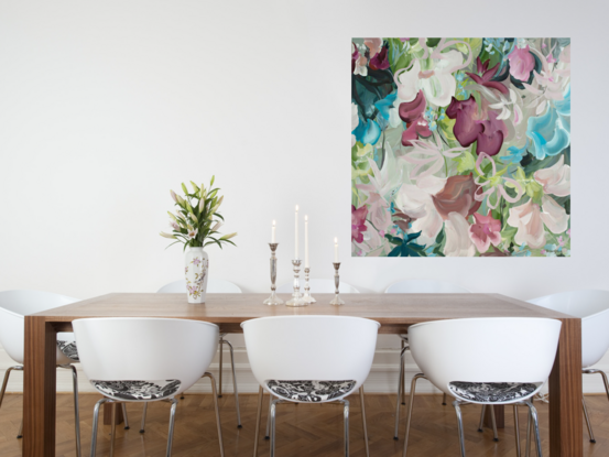 Pastel pink, green and light blue abstract flower painting