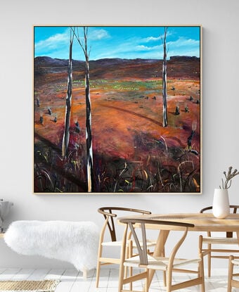 Beacons of hope is a Colourful textured abstract landscape with soft blue sky and vibrant colourful earthy countryside with three trees in the foreground.