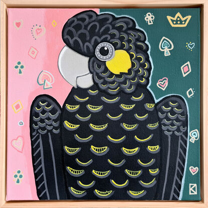 Yellow-tailed black cockatoo as a playing card queen.