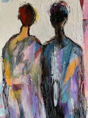 Two human figures are just two more shapes in this weird world of layers, geometry and colour. There is no detail in these people so you can make up your own mind about who they are, what they're doing and how they're feeling.