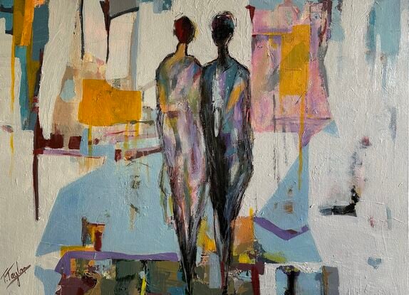 Two human figures are just two more shapes in this weird world of layers, geometry and colour. There is no detail in these people so you can make up your own mind about who they are, what they're doing and how they're feeling.