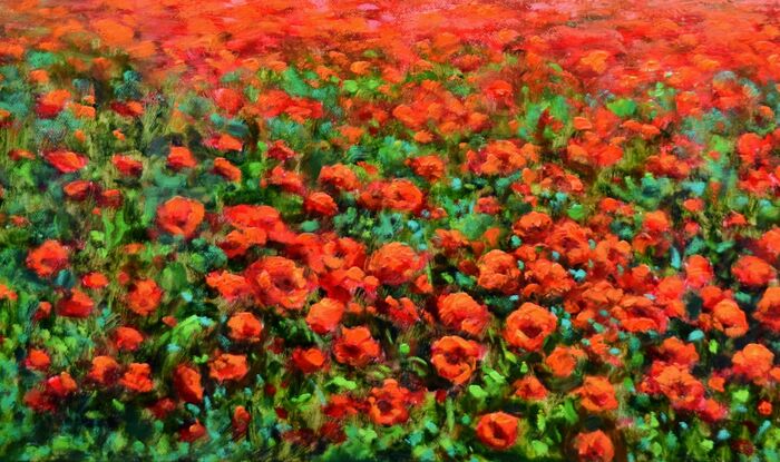 Landscape painting with a field of red poppies and a Mediterranean villa