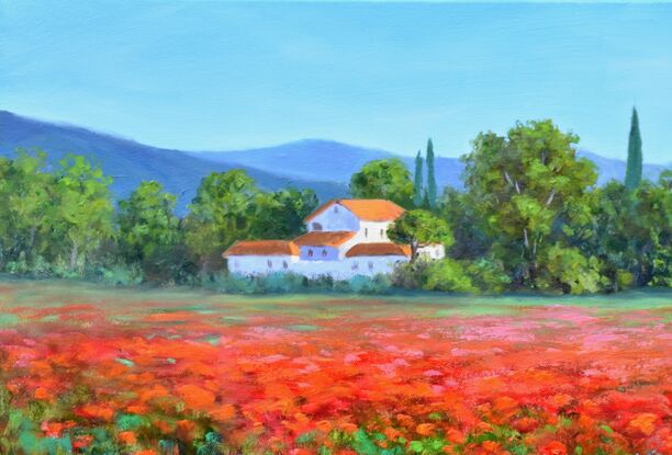 Landscape painting with a field of red poppies and a Mediterranean villa